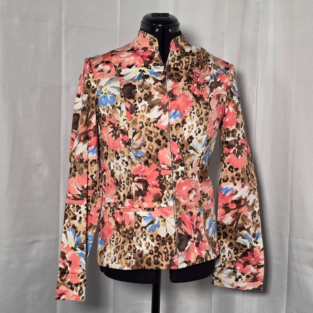 Peck & Peck Weekend Women’s Jacket 6 Floral Leopard Print Zip Embellished NWT